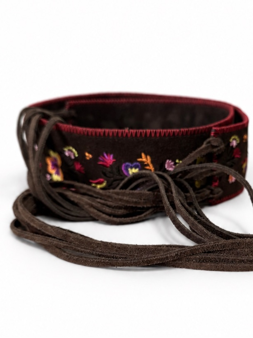 Vintage Y2K American Eagle Leather Belt Embroidered Tassel Fringe Brown XL